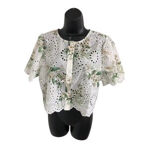 White‎ crochet eyelet style green floral button down blouse top size Large new
